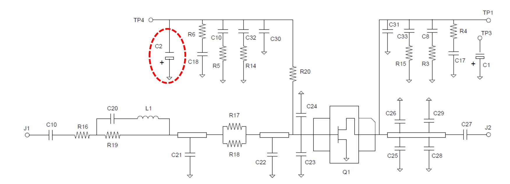 Circuit diagram of GaN QPD1008 connection as an amplifier for frequency range from 0.96 GHz to 1.215 GHz;