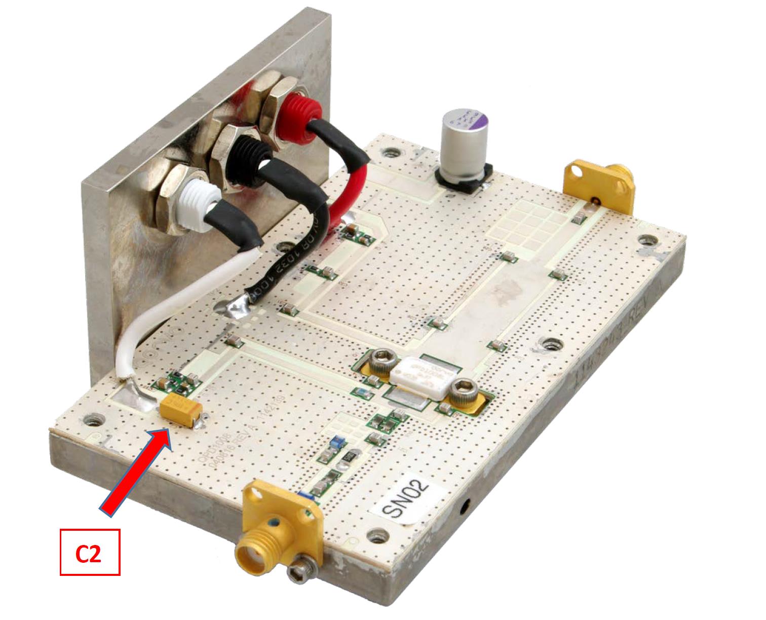 GaN QPD1008 evaluation test board with C2 tantalum capacitor