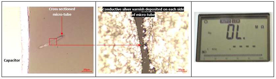 Fig10: Verification of the whiskers resistance done by contacting both ends of a single whiskers: not conductive