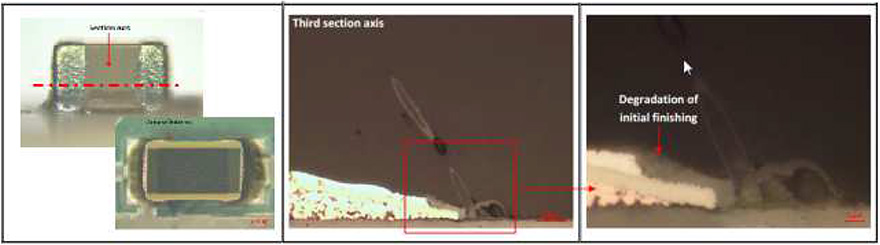 Fig6: The extremity of the termination evidenced Tin over Nickel and Copper. Tin is partially oxidized (grey color) like whiskers. In the section plan the tubular shape is evidenced. Whiskers growth is on the ceramic nearby or in contact with the Tin edge of Tin layer