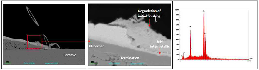 Fig7: The edge of the Tin layer is oxidized by Bromide. The crack between the ceramic and the termination is a minor polishing artefact. Bromide origin was identified as coming from the Solder Flux