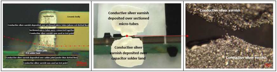 Fig8: cross section in the vertical plan contacting the MLCC solder and the whiskers ends. Both were contacted with silver epoxy. The realization of the micro-section as much as the precise deposit of the silver lacquer are difficult to achieve.