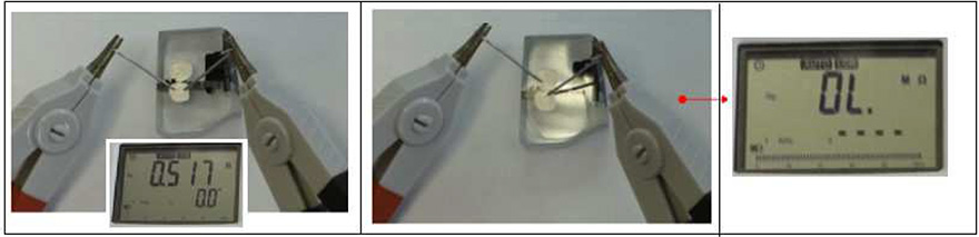 Fig9: Verification of the contact, and measure 2 probes. The whiskers are not conductive (or not contacted). A verification was done by contacting both ends of a single whiskers.