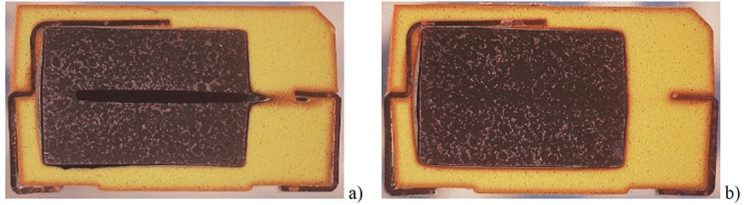 Figure 5. Cross-sections of capacitors after 1000 hours at 150 ºC. SN3 failed marginally at 200 mohm (a) and SN1 failed catastrophically at 2 ohm (b)