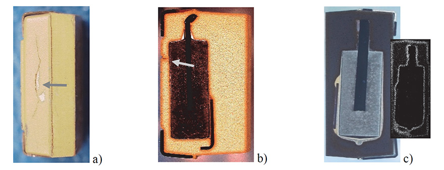 Figure 6. Examples of cracks in packages (a, b, c) and discoloration at the surface and along LF/MC interfaces in CPTCs with yellow (b, c) and black (d) molding compounds after HTS. An insert in (d) shows mapping of discolored areas.