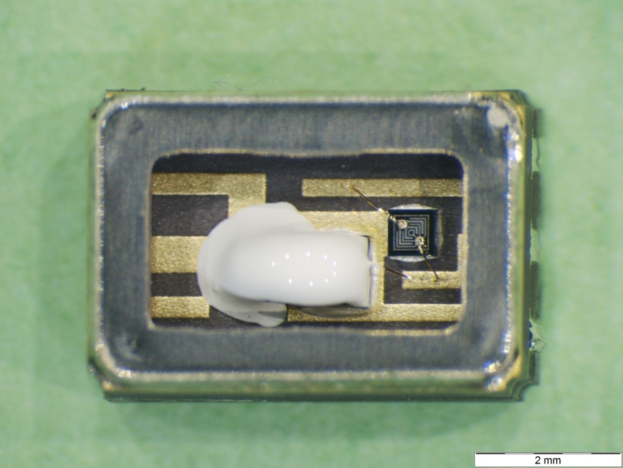 Picture 1: Internal view of an optocoupler after delid. The internal organics are the white material