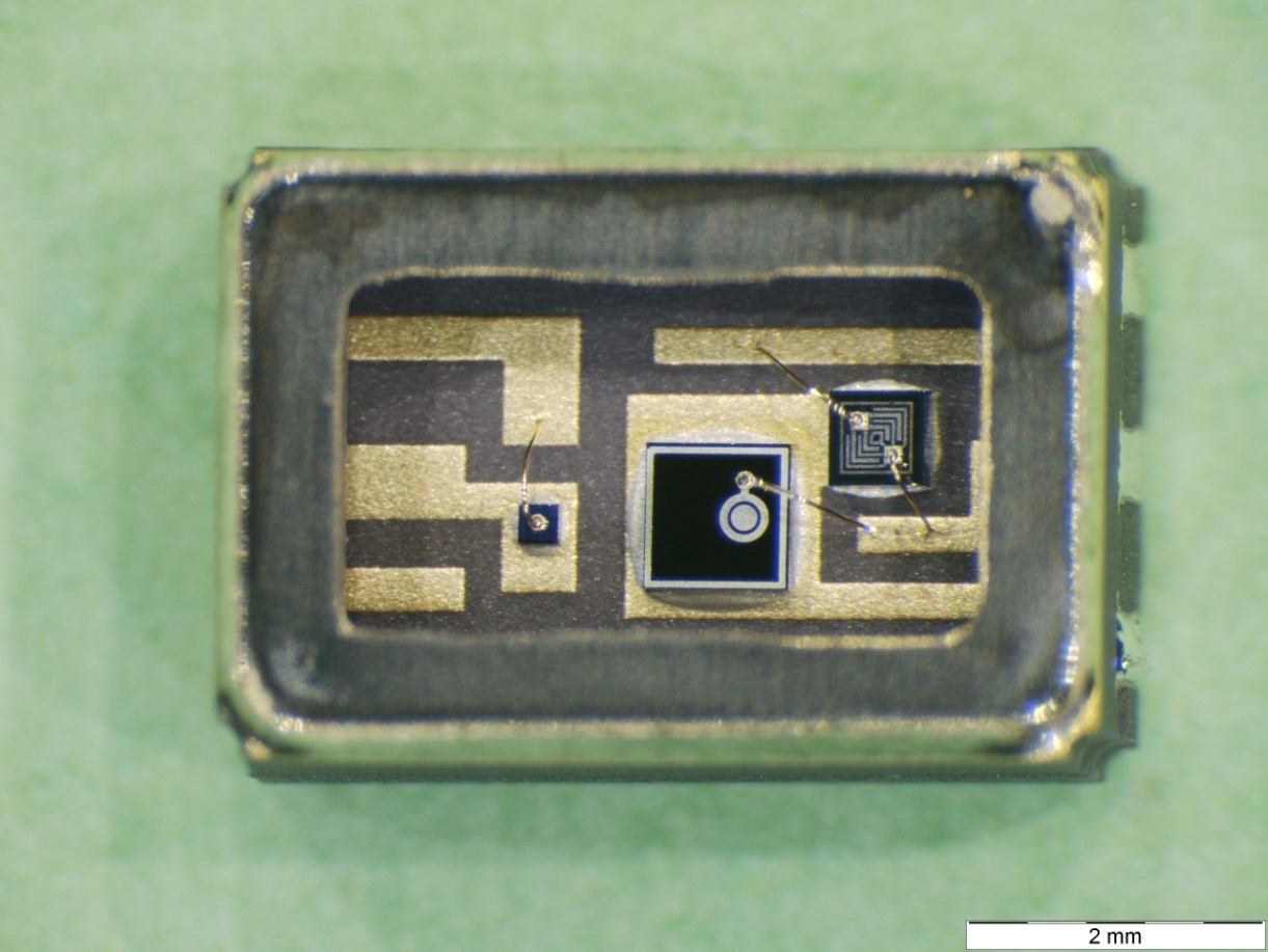 Internal view of an optocoupler after removing the internal organics