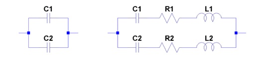 Equivalent schematic diagram of two parallel-connected capacitors.