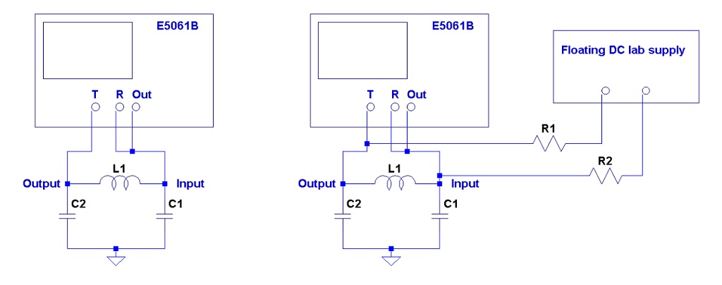 Equivalent schematics of a PI filter with series ferrite element and parallel MLCC at the output.