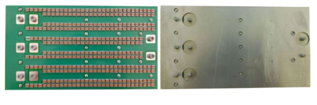 The top and bottom views of the assembled board show the large number of MLCC devices as well as the large