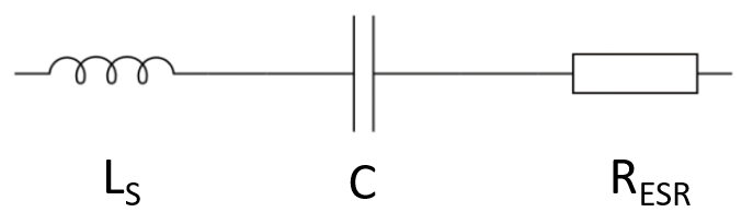 Figure 2: The electrical model of a real-world capacitor has inductive, capacitive and resistive elements.