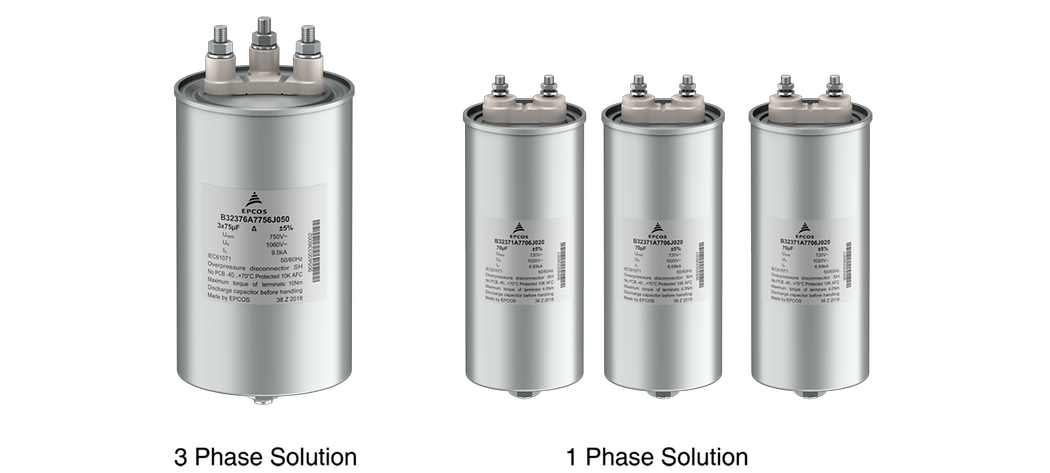 Figure 6: The 3-phase solution provides considerable advantages in terms of space requirements, weight and reliability when compared to using three individual 1-phase capacitor solution.