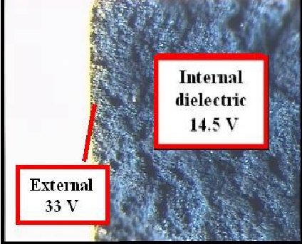 tantalum capacitor porous anode with shell formation – higher formation voltage/thicker dielectric on surface compare to thinner layer inside; source: AVX