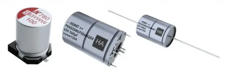 Figure 4 A780, PHA225, and PHH225 are AEC-Q200 qualified capacitors that combine highly-conductive polymer technology with liquid electrolytic material in a hybrid design. Source: KEMET