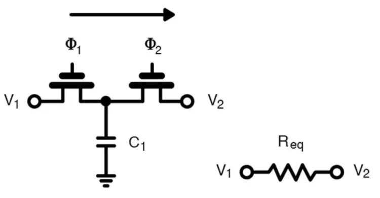 A switched-capacitor resistor. Recreated image by authors used courtesy of Carusone et al. 