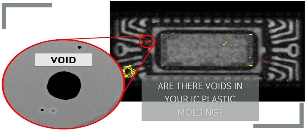 Voids are defined as a lack of material within the bulk of the moulding compound and are common in ICs since they appear during improper molding manufacturing (injection, extrusion, etc.) and curation.