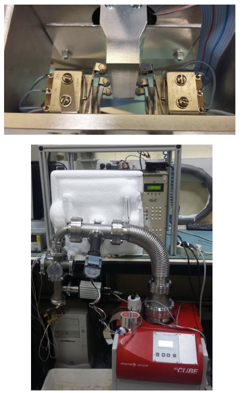 Figure 2: On the left we can see the samples in the system designed for the test. On the right you can see the complete system with the vacuum system