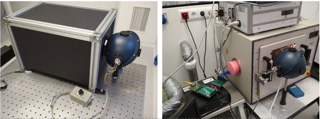 Figure 4 Realization of optical setup for room temperature (left) and high/low temperature measurements (right).