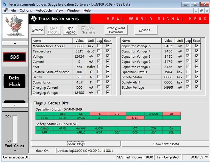 Fig. 9. Screen of the software bqEVSW showing the capacitor voltages, the charging conditions and the flag registers