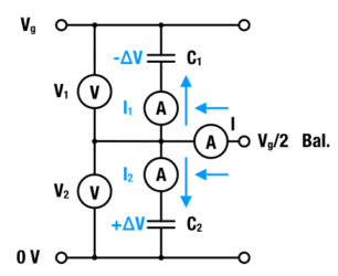 Figure 1: Two capacitors in series connection and balancing currents in a capacitor stack