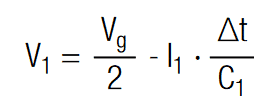 voltage drop V1 on two unequal capacitors in series with I and ∆t expressed [9]