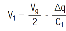 voltage drop V1 on two unequal capacitors in series with ∆q expressed [7]