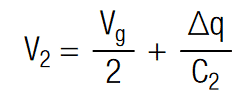 voltage drop V2 on two unequal capacitors in series with ∆q expressed [8]