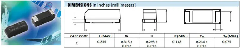 Figure 37. – M35 SMD wet tantalum capacitor series photo, drawing, and dimensions; source: Vishay