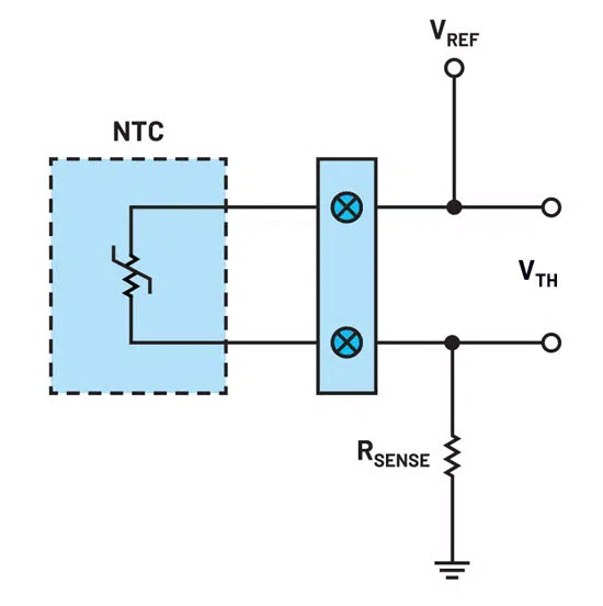 Figure 6. NTC thermistor configuration with a voltage divider circuit.Figure 6. NTC thermistor configuration with a voltage divider circuit.