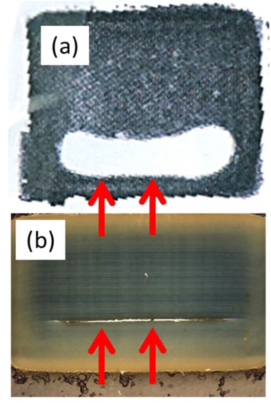 Figure 15. Delamination in a MLCC detected by (a) C-SAM can be seen in the (b) cross sectioned view.