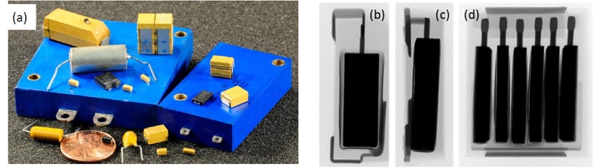 Figure 3. Different types of tantalum capacitors: (a) Optical image showing external construction of variety of surface mount and through hole Ta CAPS. X-ray images show internal constructions of (b) regular surface mount, (c) face down and (d) multi anode Ta-CAPS.