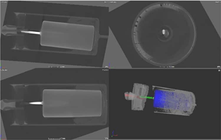 Figure 4. X-ray CT analysis shows the virtual sectioning of a hermetically sealed polymer tantalum capacitor from three different directions.